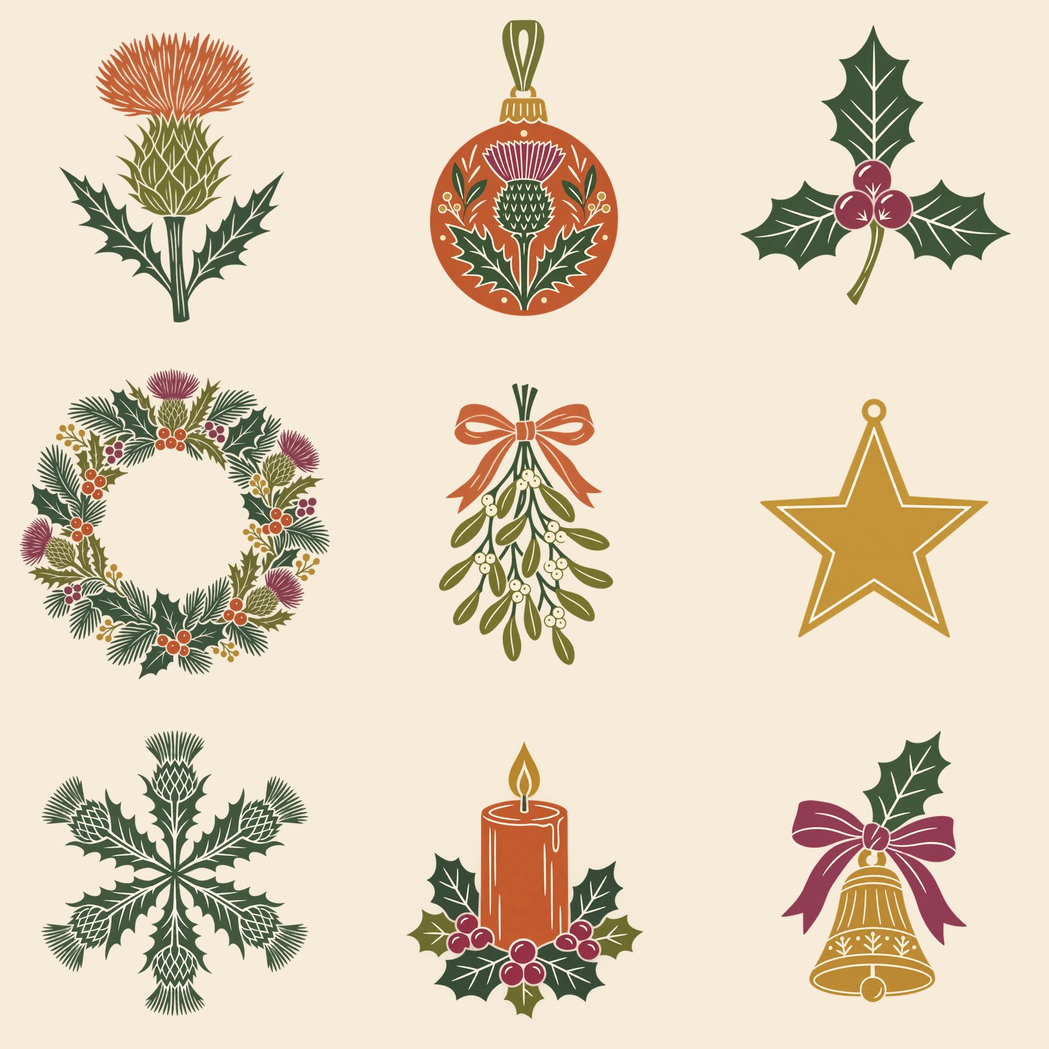 Nine of the 40 Christmas botanical designs on a cream background, including a thistle bloom, a thistle bauble, holly, a wreath, mistletoe, a star and a bell.