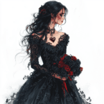 A gothic lady with piercing green eyes and raven feathers in her hair leans against an ornate stone wall
