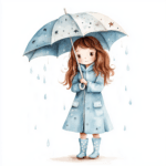 A delightful girl with a blue umbrella smiles as she walks through a whimsical garden