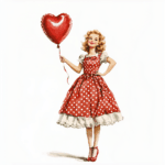 A whimsical girl in a vintage polka-dot dress joyfully holds a heart-shaped balloon against a soft pastel background