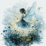 A mystical fairy gazes thoughtfully at a glowing orb amidst a backdrop of enchanted foliage