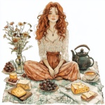 An enchanting illustration of a joyful character enjoying a sunny day with a basket full of goodies
