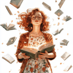 An imaginative illustration of a cozy library corner filled with floating books and colorful reading decorations