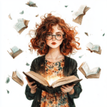 A whimsical librarian character joyfully surrounded by floating books in vibrant shades of blue and pink