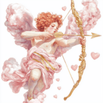 An enchanting illustration of a cherub playing a harp with heart-shaped notes drifting around