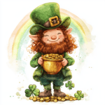 An adorable leprechaun relaxing on a pile of gold coins with vibrant shamrocks in the background