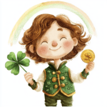 A jolly leprechaun playing the fiddle with musical notes floating around him and a cheerful expression