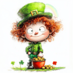 A playful leprechaun peeks out from behind a large golden coin adorned with intricate designs