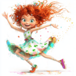 A charming character with red pigtails spins with delight amidst a backdrop of vivid rainbows