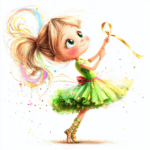 A cheerful rainbow fairy blows magical sparkles from her hands while perched on a tree branch