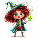 A whimsical red-haired character peers out from behind a large four-leaf clover with a playful expression
