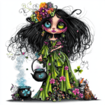 A whimsical witch with a flowing purple cloak holds a crystal ball surrounded by swirling magical sparkles
