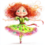A whimsical girl dancer with curly hair performs a lively jig while wearing a sparkling headband