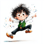 A charming child dancer leaping gracefully with colorful ribbons flowing in the air