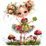 A delightful sprite peeking out from behind a colorful mushroom with a mischievous grin