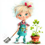 A joyful girl with pigtails surrounded by blooming daisies and colorful garden tools