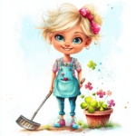 A happy boy wearing overalls digging in the dirt beside a bright green plant