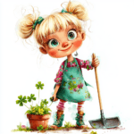 A cheerful child in a yellow hat watering vibrant flowers in a sunny garden