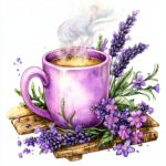 A whimsical lavender mug resting on a soft pink tablecloth adorned with tiny flowers