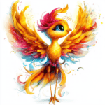 A charming phoenix surrounded by blooming flowers in shades of pink and purple