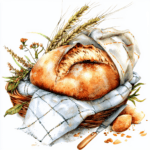 A warm baguette nestled in a woven basket surrounded by sprigs of fresh herbs