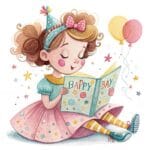 An artistic depiction of a whimsical birthday invitation design featuring playful fonts and festive graphics